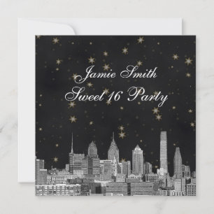 Philadelphia Skyline Black Gold Star Sweet 16 Invitation