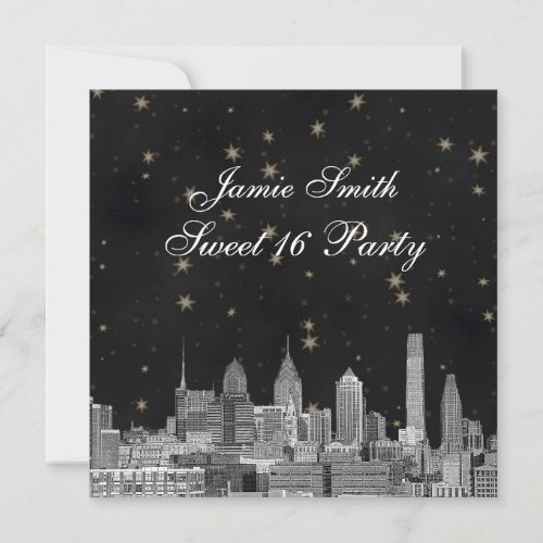 Philadelphia Skyline Black Gold Star Sweet 16 Custom Announcements