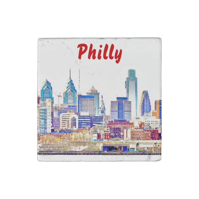 Philadelphia Skyline Color Sketch Stone Magnet (Front)