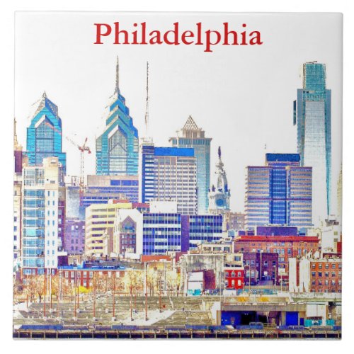 Philadelphia Skyline Color Sketch Tile