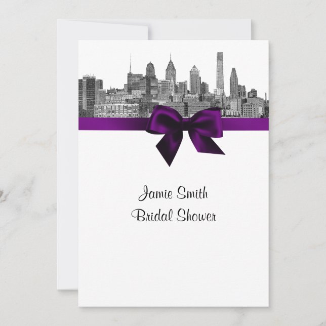 Philadelphia Skyline Etch BW Purpl V Bridal Shower Invitation (Front)