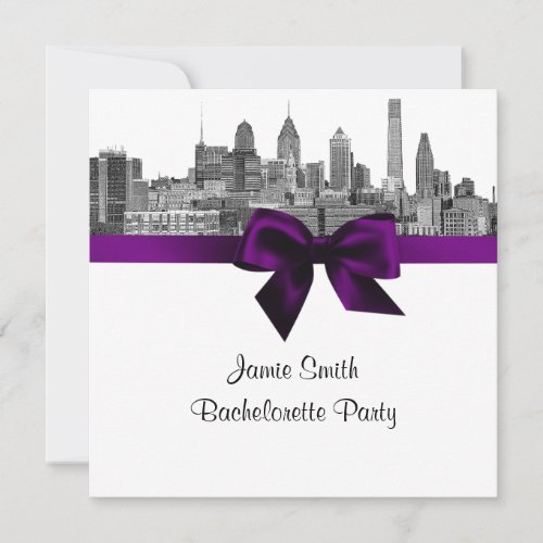 Philadelphia Skyline Etch BW Purple Bachelorette Invite