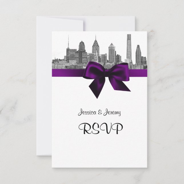 Philadelphia Skyline Etch BW Purple RSVP Menu (Front)