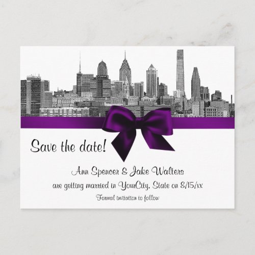 Philadelphia Skyline Etch BW Purple Save the Date Announcement Postcard