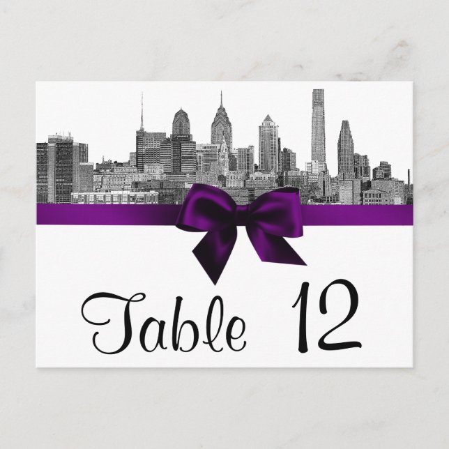 Philadelphia Skyline Etch BW Purple Table Number (Front)