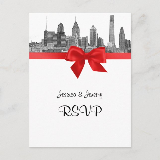 Philadelphia Skyline Etch BW Red RSVP 1 Invitation Postcard (Front)