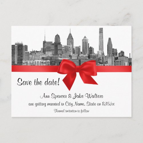 Philadelphia Skyline Etch BW Red Save the Date Announcement Postcard