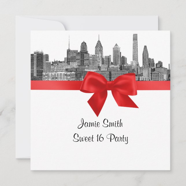 Philadelphia Skyline Etch BW Red Sweet Sixteen SQ Invitation (Front)