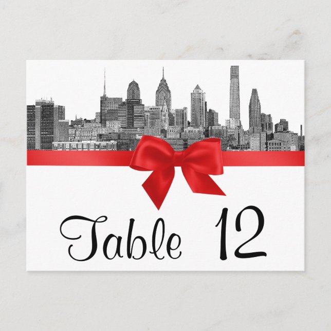 Philadelphia Skyline Etch BW Red Table Number (Front)