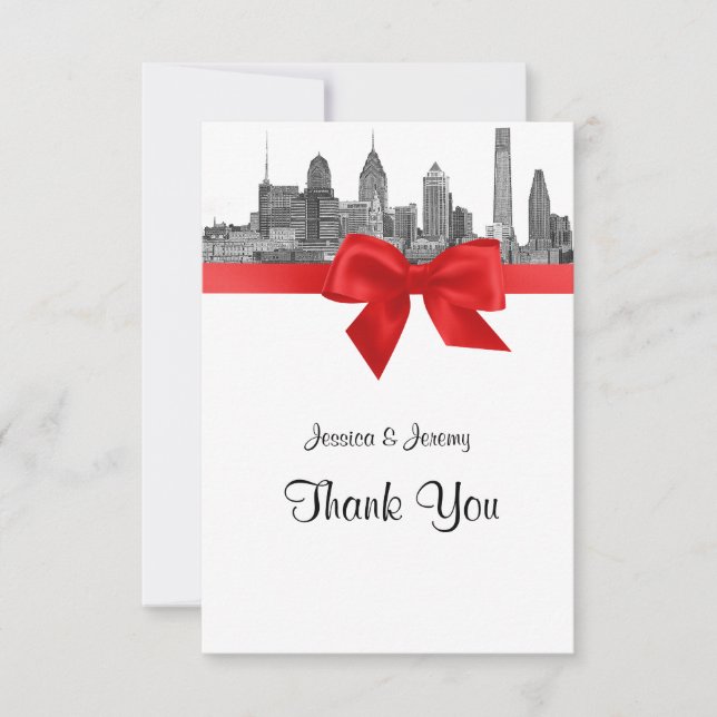 Philadelphia Skyline Etch BW Red Thank You Card (Front)