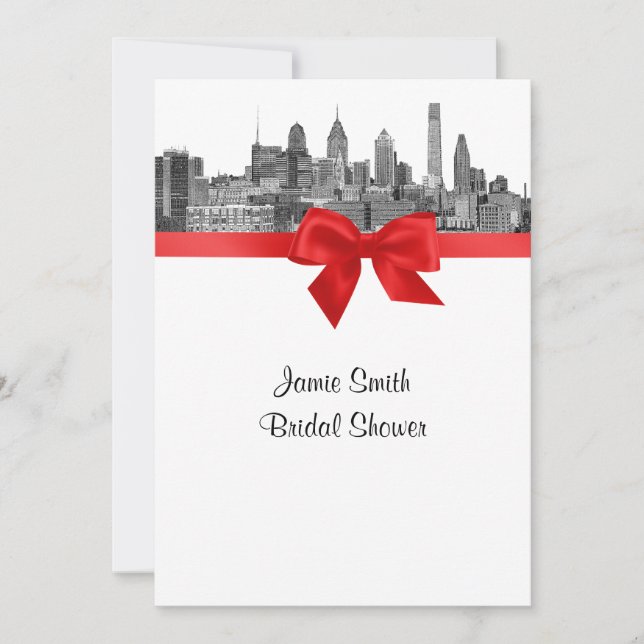 Philadelphia Skyline Etch BW Red V Bridal Shower Invitation (Front)