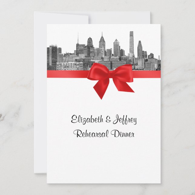 Philadelphia Skyline Etch BW Red V Rehearsal Invitation (Front)
