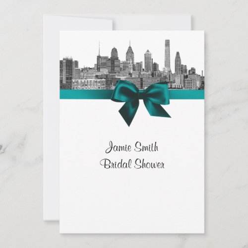 Philadelphia Skyline Etch BW Teal V Bridal Shower Invite