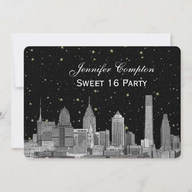 Philadelphia Skyline Etch Starry DIY BG Sweet 16 H Invitation (Front)