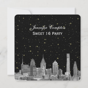 Philadelphia Skyline Etch Starry DIY SQ Sweet 16 Invitation