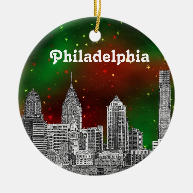 Philadelphia Skyline Green Red Starry Sky Xmas Ceramic Ornament (Front)