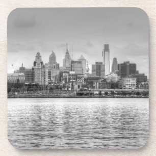 Philadelphia skyline in black and white beverage coaster