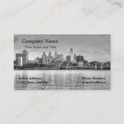 Customizable Philadelphia skyline in black and white business cards