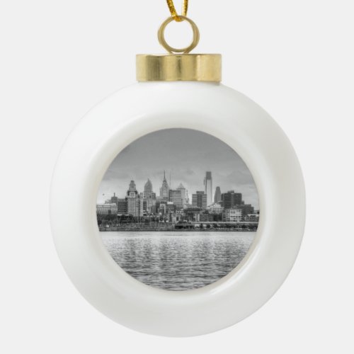 Philadelphia skyline in black and white ceramic ball christmas ornament