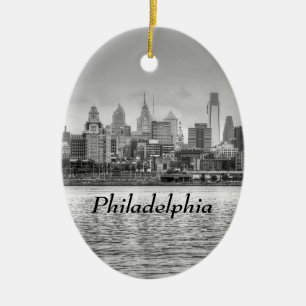 Philadelphia skyline in black and white ceramic ornament