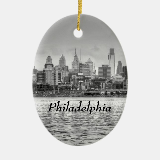 Philadelphia skyline in black and white ceramic ornament (Front)