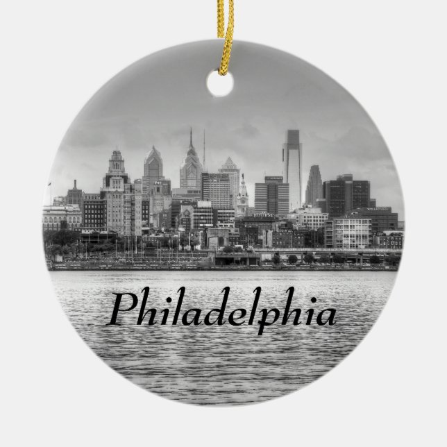 Philadelphia skyline in black and white ceramic ornament (Front)