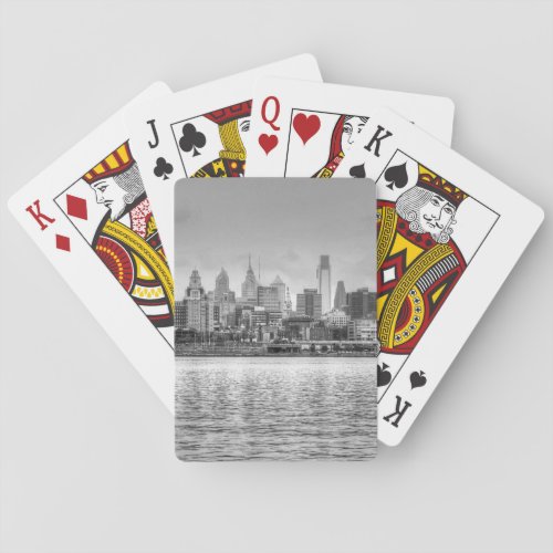 Philadelphia skyline in black and white poker cards