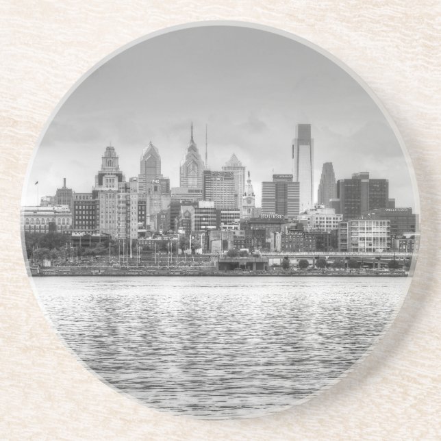 Philadelphia skyline in black and white sandstone coaster (Front)