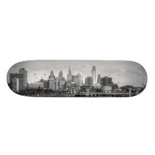 Philadelphia skyline in black and white skateboard deck
