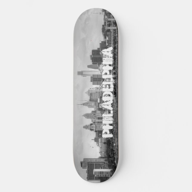 Philadelphia skyline in black and white skateboard deck (Front)