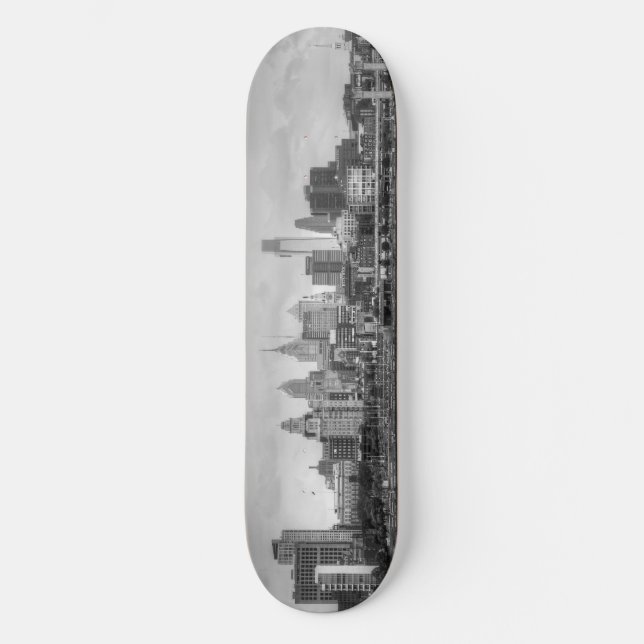 Philadelphia skyline in black and white skateboard deck (Front)