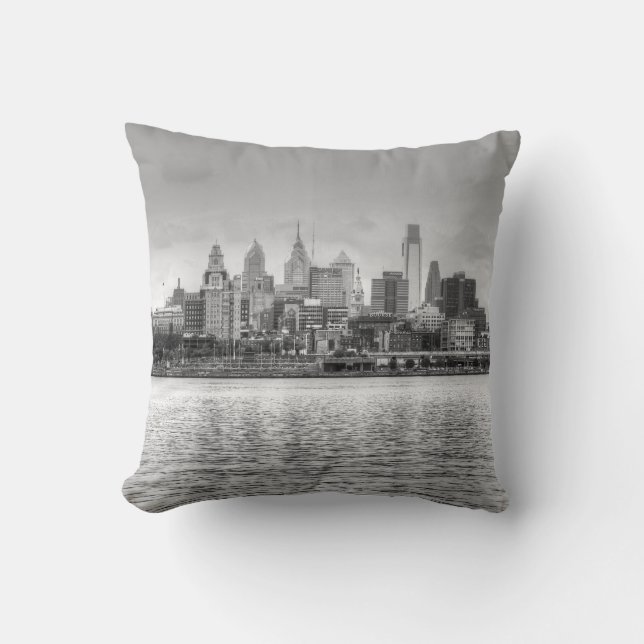 Philadelphia skyline in black and white throw pillow (Front)