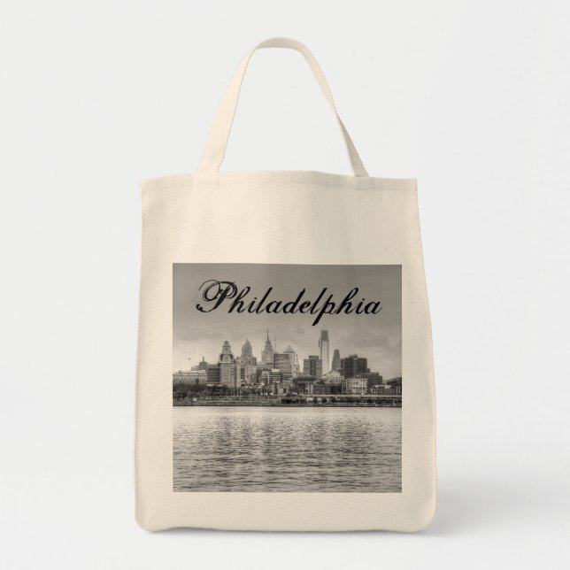 Philadelphia skyline in black and white tote bag (Front)