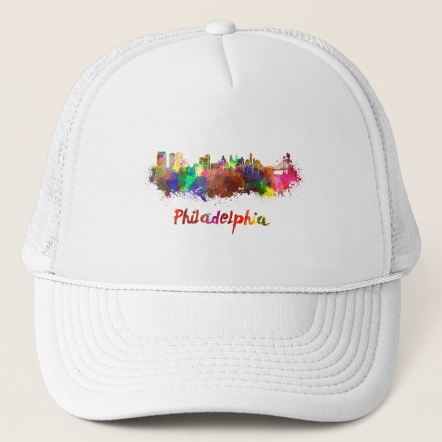 Philadelphia skyline in watercolor trucker hat (Front)