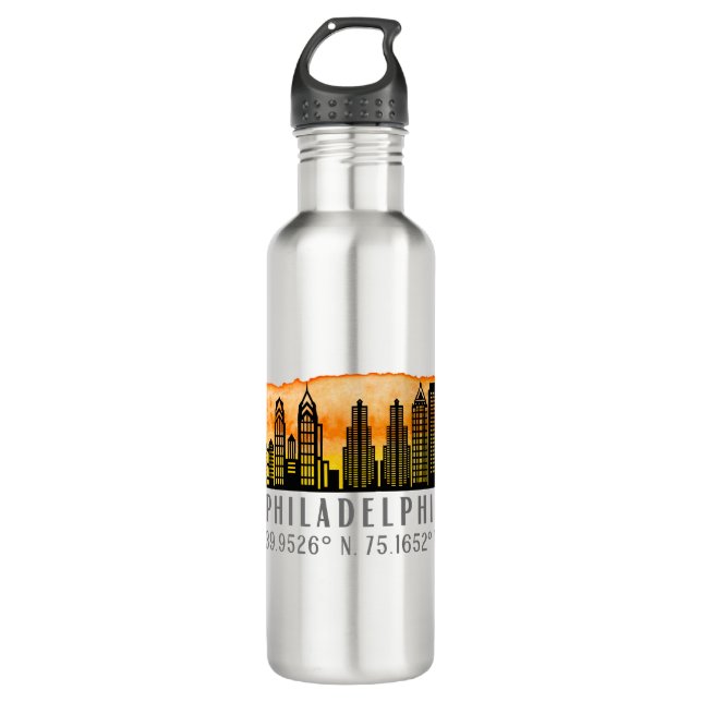 Philadelphia Skyline Map Coordinates  Stainless Steel Water Bottle (Front)