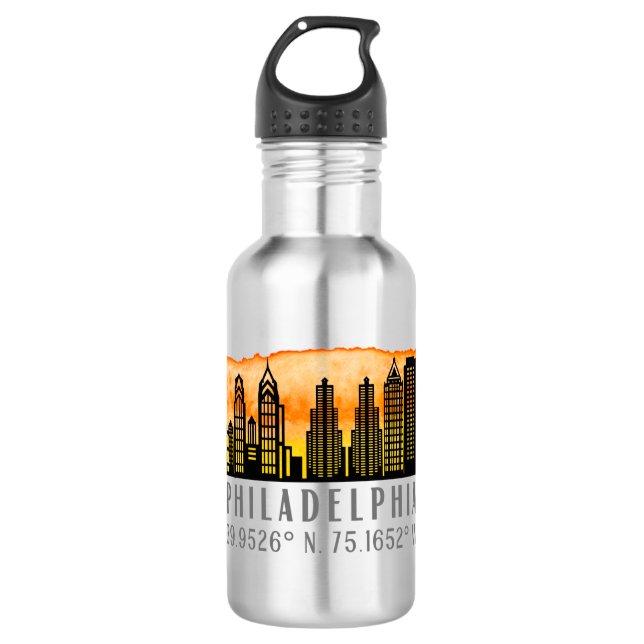 Philadelphia Skyline Map Coordinates  Stainless Steel Water Bottle (Front)