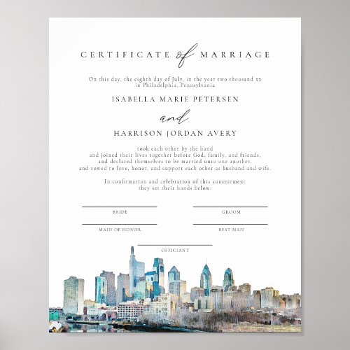 PHILADELPHIA Skyline Marriage Certificate Keepsake Poster