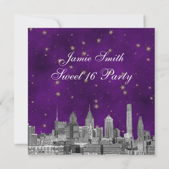 Philadelphia Skyline Purple Gold Star Sweet 16 Invitation (Front)