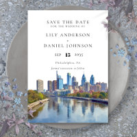 Philadelphia Skyline Watercolor Elegant Wedding
