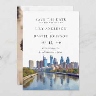 Philadelphia Skyline Watercolor Photo Wedding Save The Date