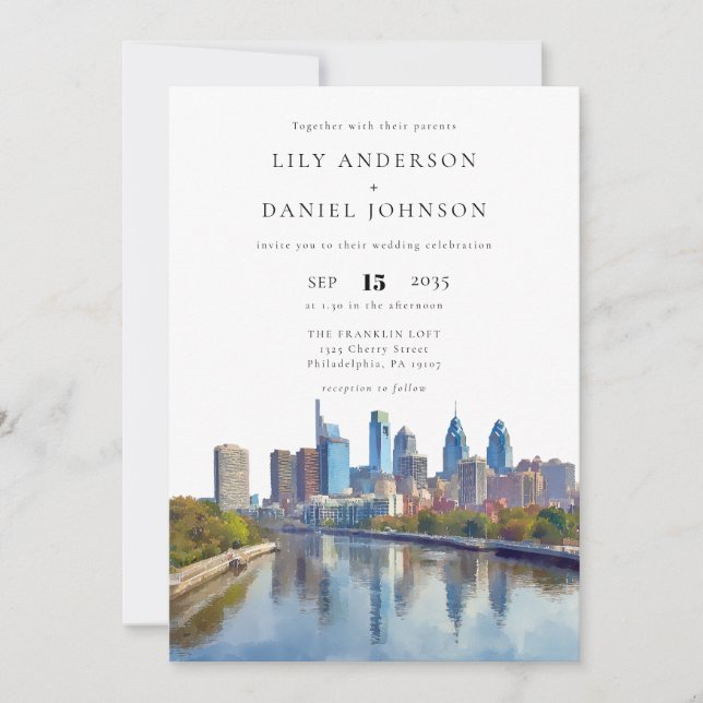 Philadelphia Skyline Watercolor QR Code Wedding Invitation (Front)