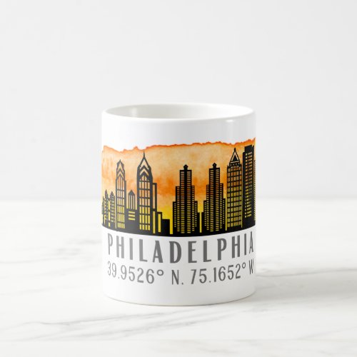 Philadelphia Sunset Skyline Map Coordinates  Coffee Mug
