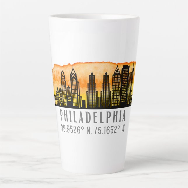Philadelphia Sunset Skyline Map Coordinates  Latte Mug (Front)