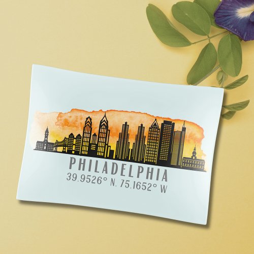 Philadelphia Sunset Skyline Map Coordinates  Trinket Tray