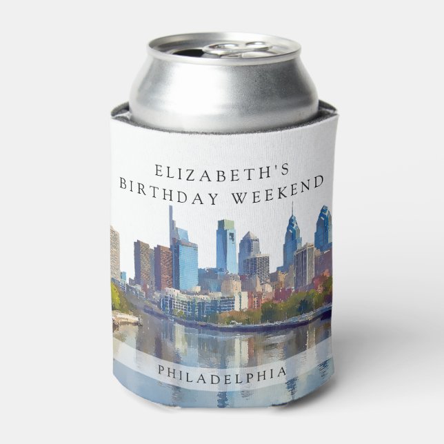 Philadelphia Watercolor Birthday Weekend Can Cooler (Can Front)