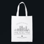 Philadelphia Wedding | Stylized Skyline Grocery Bag<br><div class="desc">A unique wedding bag for a wedding taking place in the beautiful city of Philadelphia.  This bag features a stylized illustration of the city's unique skyline with its name underneath.  This is followed by your wedding day information in a matching open lined style.</div>
