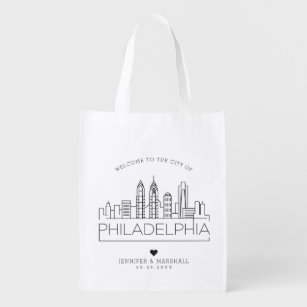 Philadelphia Wedding   Stylized Skyline Grocery Bag