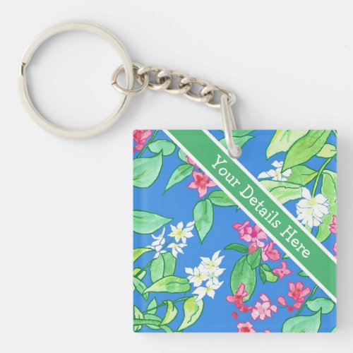 Philadelphus and Weigela Spring Blossoms on Blue Keychain