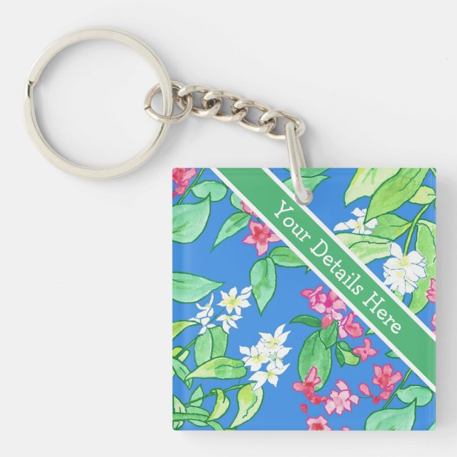 Philadelphus and Weigela Spring Blossoms on Blue Keychain (Front)