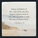 Philippians 1:6 GOD who has begun a good work Stone Coaster<br><div class="desc">inspirational quote scripture stone coaster depicts a simple nature photograph with blue skies, a sandy ocean beach and rock formation. It features Bible Verse Philippians 1:6, "Being confident of this, that GOD who has begun a good work in you will complete it until the day of Jesus Christ." Photograph by...</div>